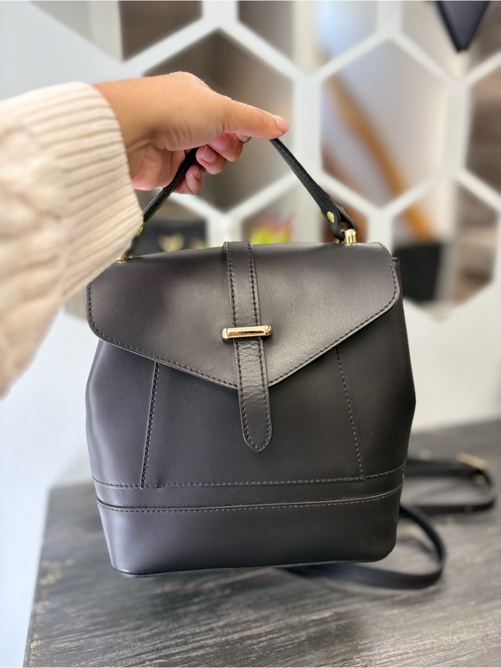 Women’s Structured Black Top-Handle Backpack